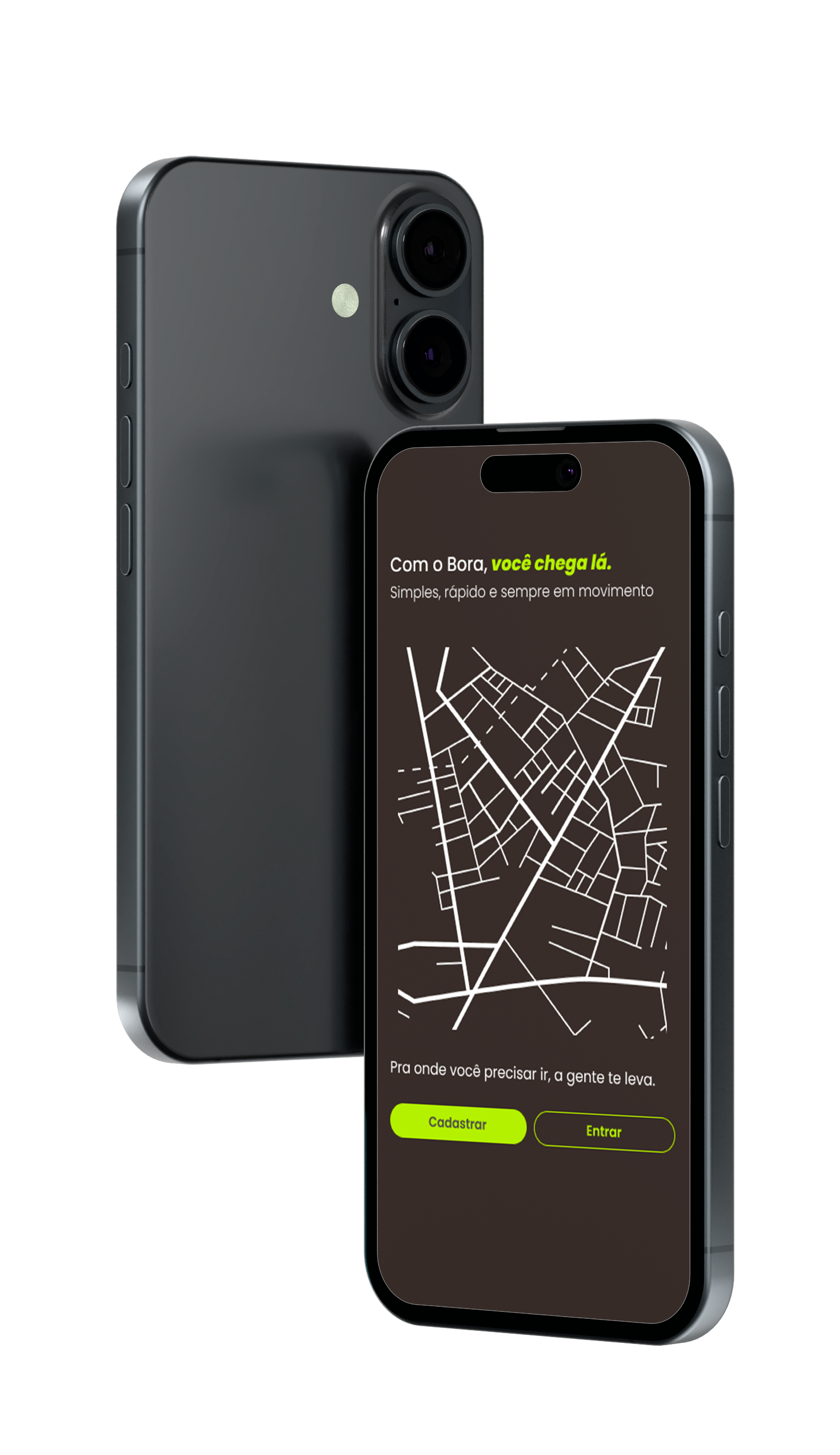 Mockup do aplicativo BoraOn em celulares