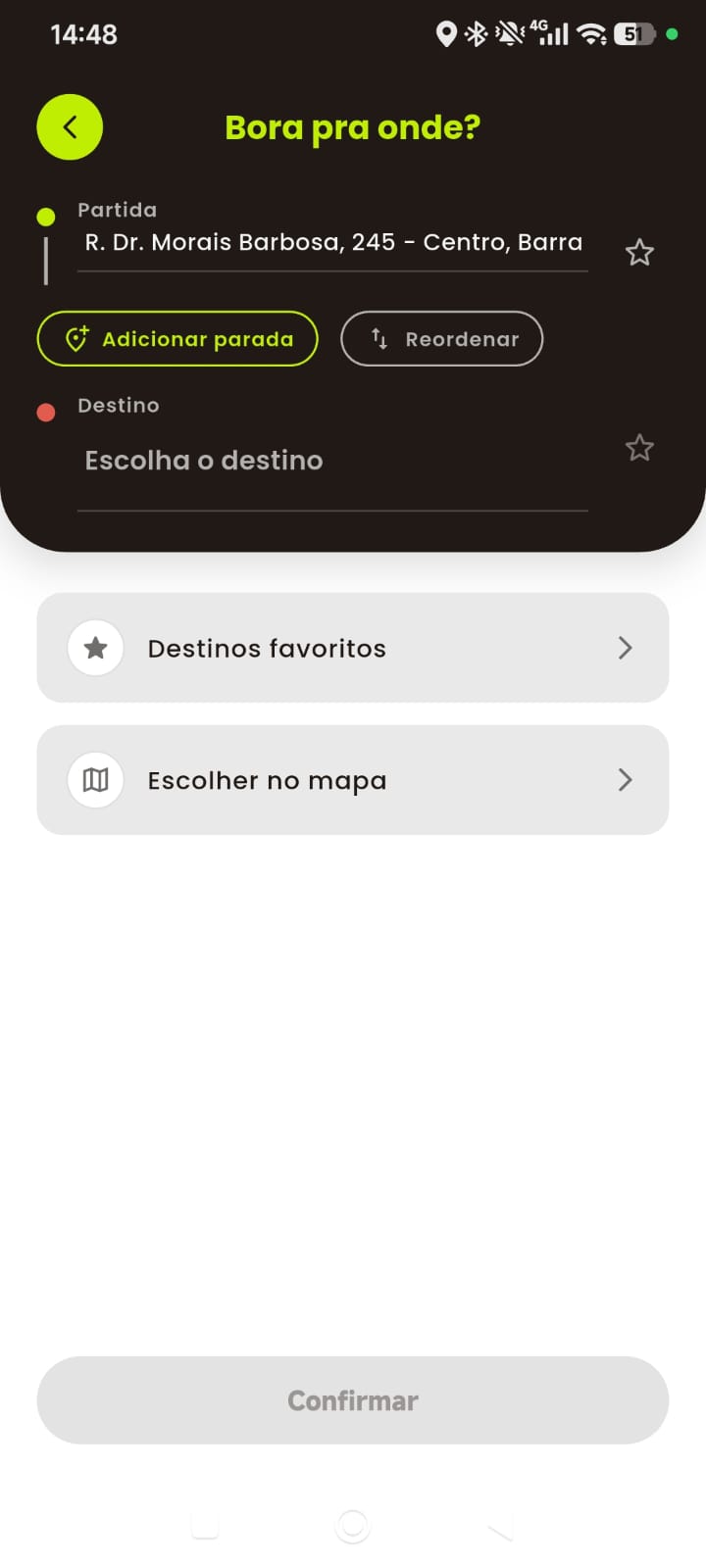 Tela do app BoraOn com o destino preenchido e o trajeto desenhado no mapa.